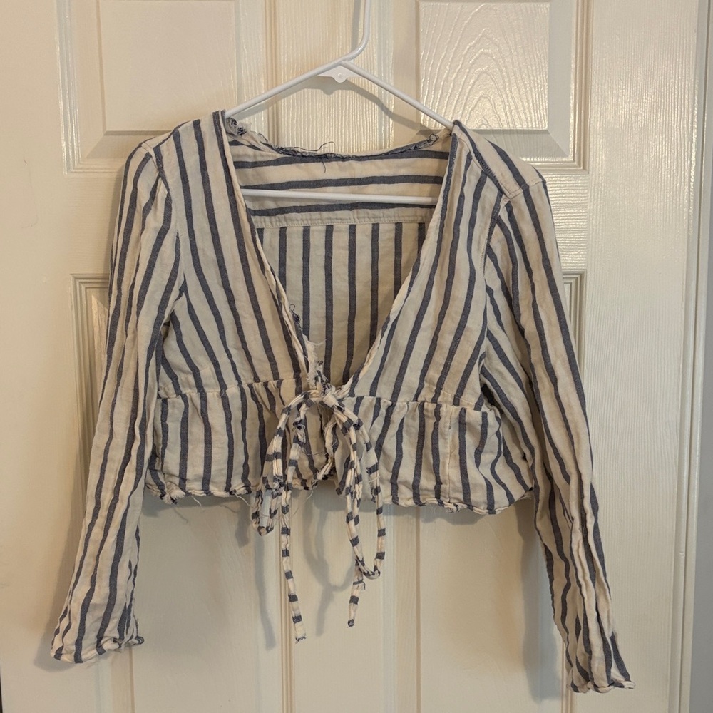 Striped Tie-Front Crop Top - Blue and Cream